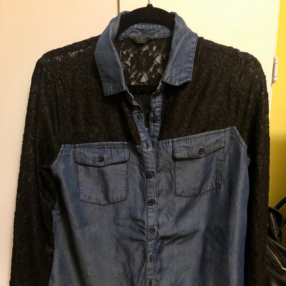 Guess Faux Denim & Lace Blouse